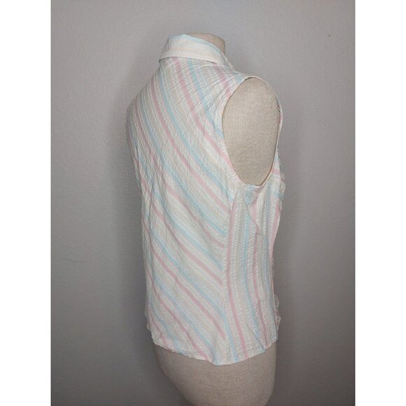Lands End Women 10 Petite Sleeveless Collar Button Down Blouse Pastel Seersucker - Picture 6 of 16
